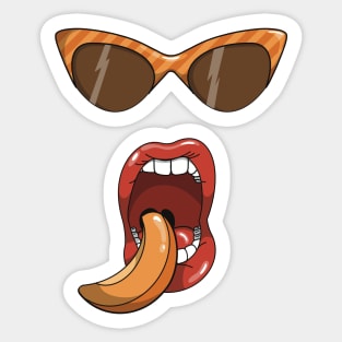 Mouth about to eat a slice of a peach while wearing matching orange striped sun glasses. Sticker